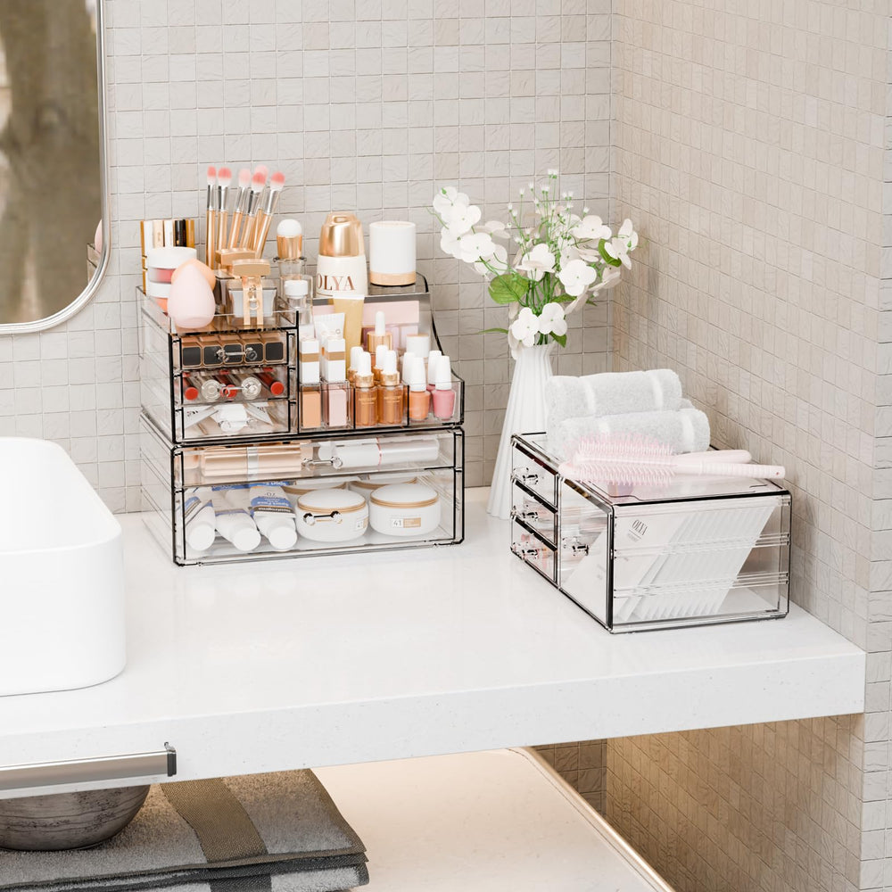 Yieach 3-pack clear makeup organizer demonstrating transparent material durability