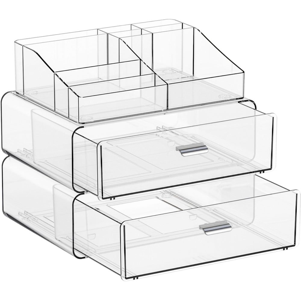 Yieach 3-tier clear acrylic organizer top tray with eight compartments for easy cosmetics access.