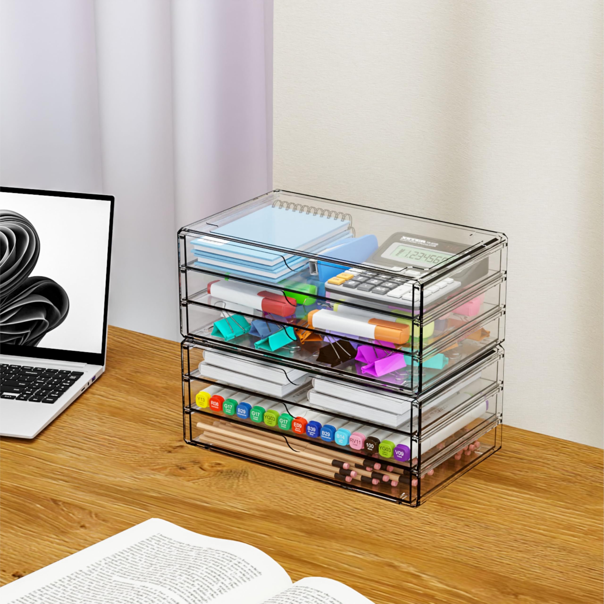 Yieach clear acrylic drawers let you see contents instantly while saving counter space.