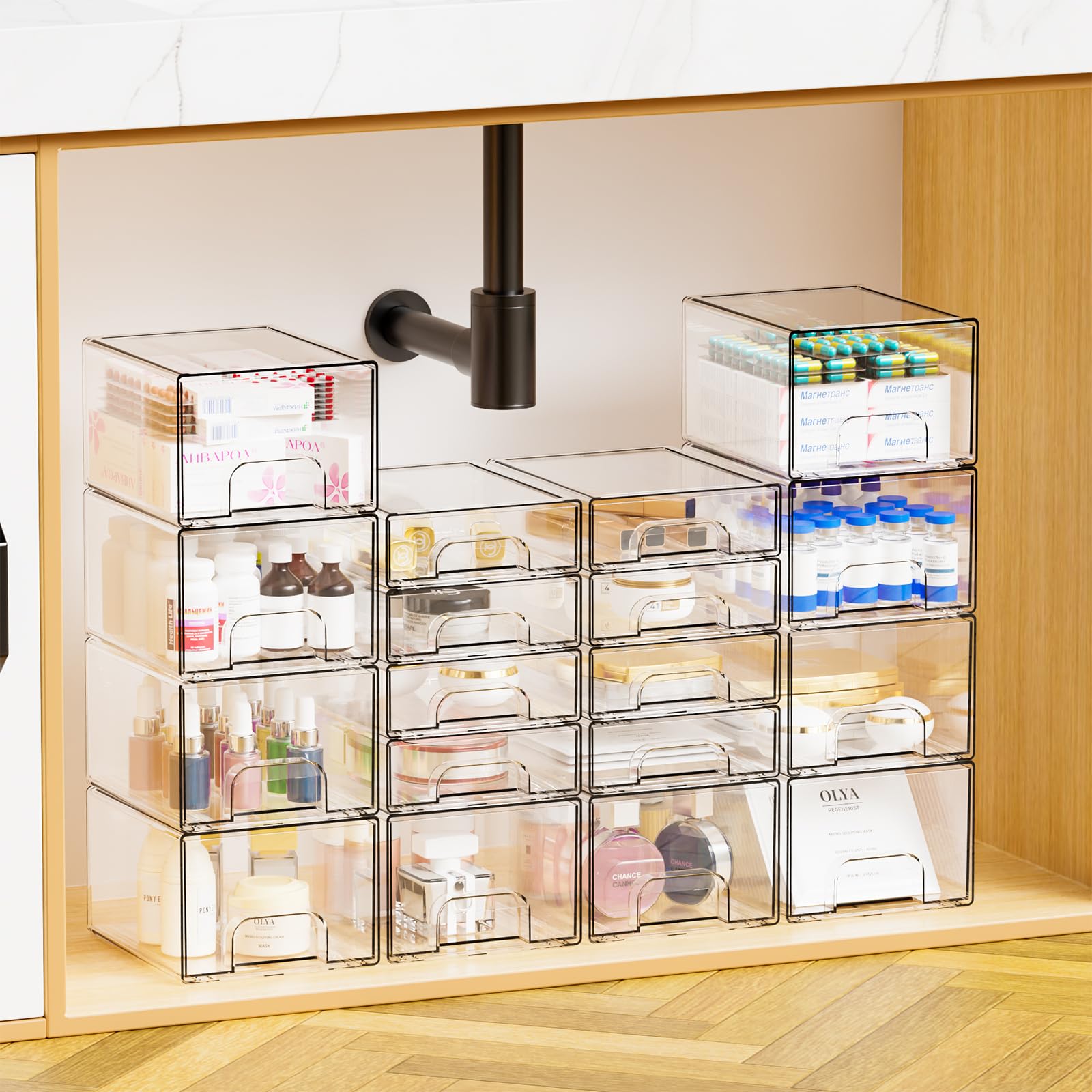 Yieach clear drawer set side view showing space-saving design.