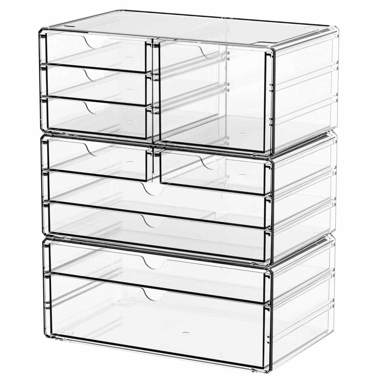 Yieach clear storage drawers 10-drawer stackable system on vanity for quick cosmetics access.