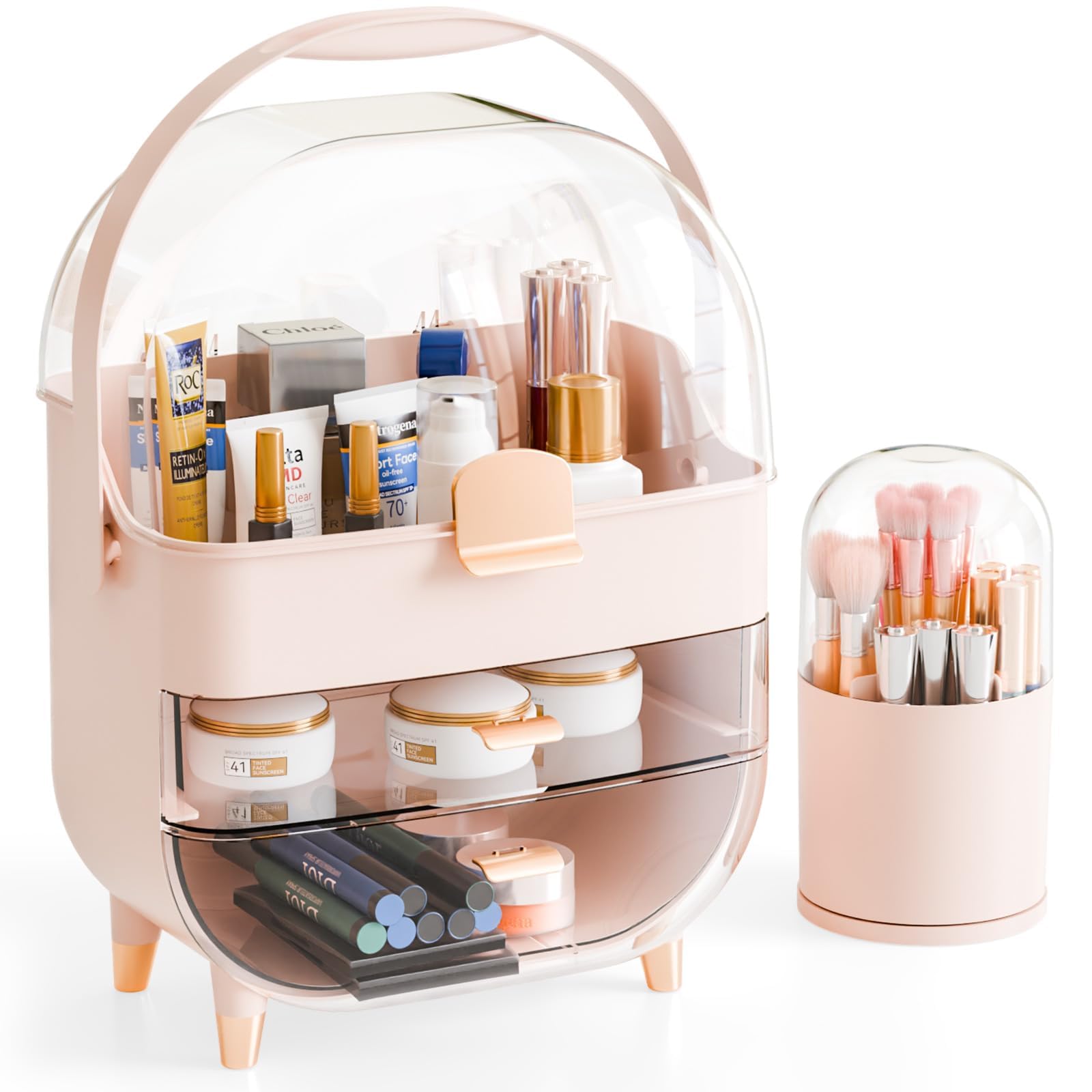 Yieach cosmetic display case with clear pink cover for organized vanity storage.