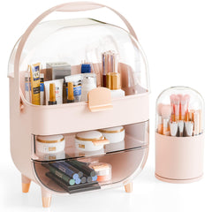 Yieach cosmetic display case with clear pink cover for organized vanity storage.