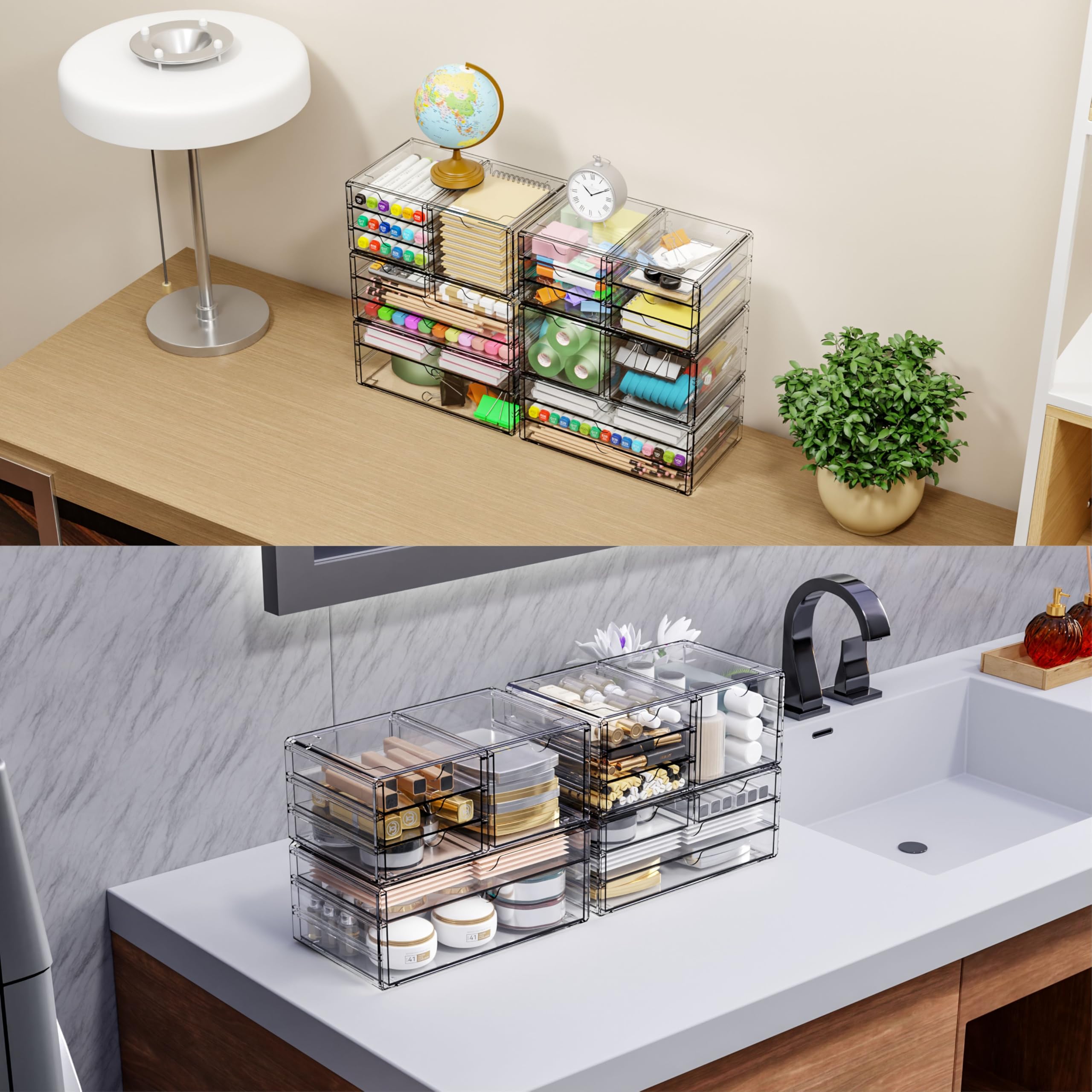 Yieach makeup organizer drawers display cosmetics at a glance for quick routines.
