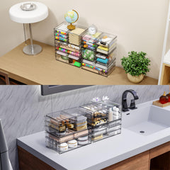 Yieach makeup organizer drawers display cosmetics at a glance for quick routines.
