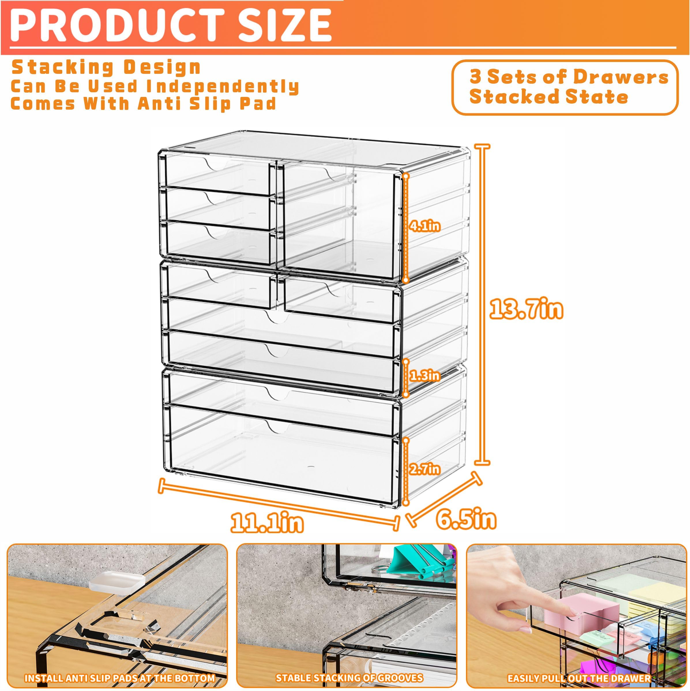 Yieach makeup organizer in clear acrylic with drawers for easy makeup retrieval.