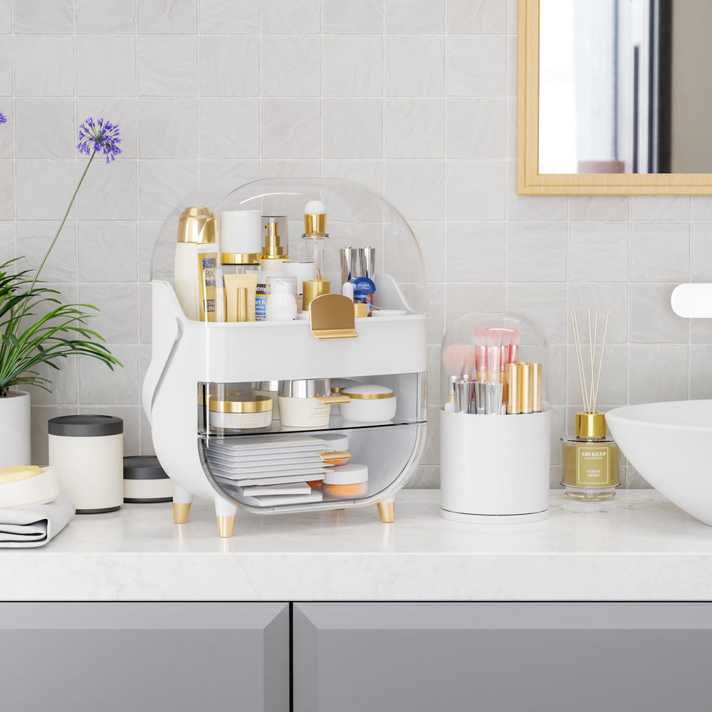 Yieach rose-gold handle brush holder adds an elegant vanity touch.