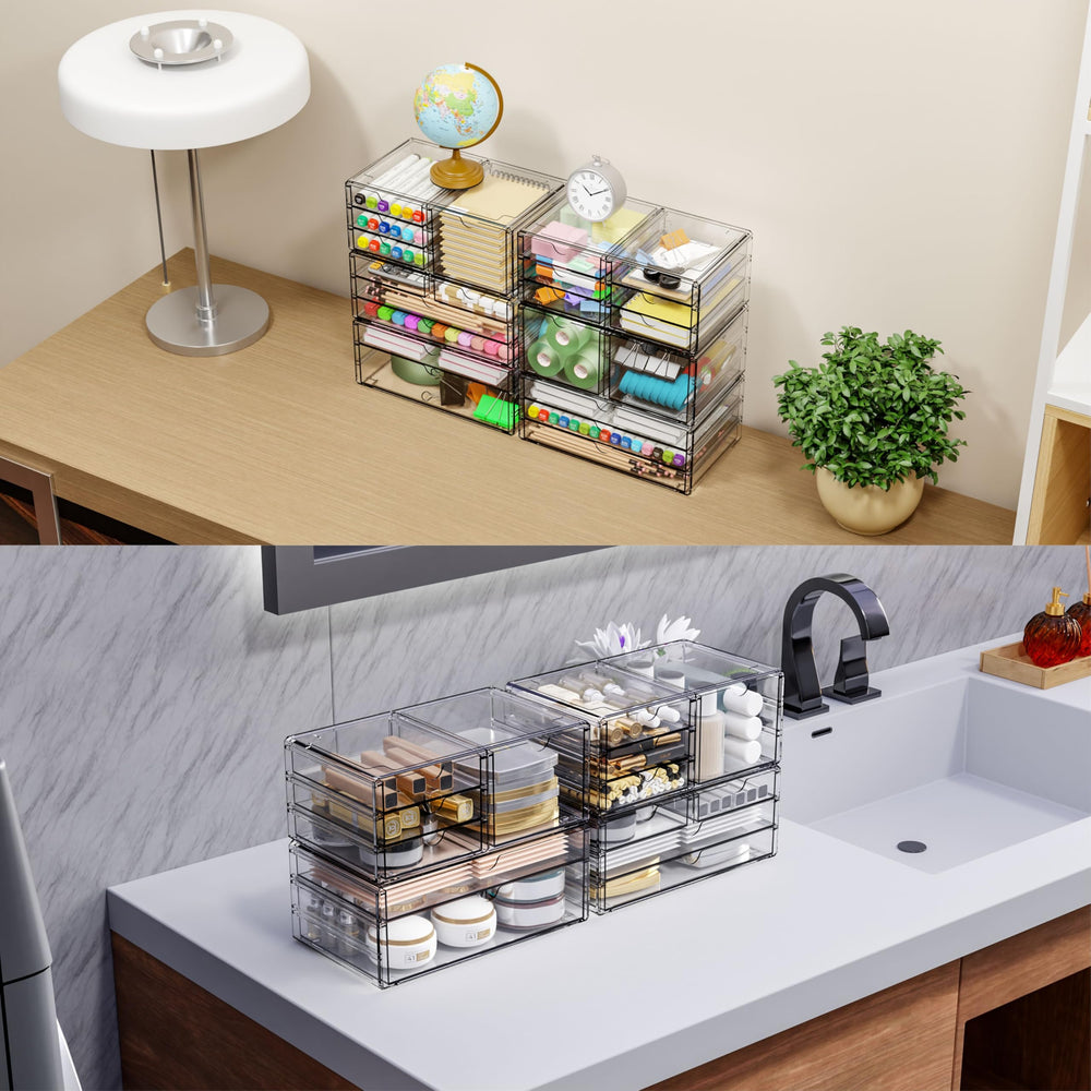 Yieach transparent drawer bin with anti-slip feet keeps items steady on counters.