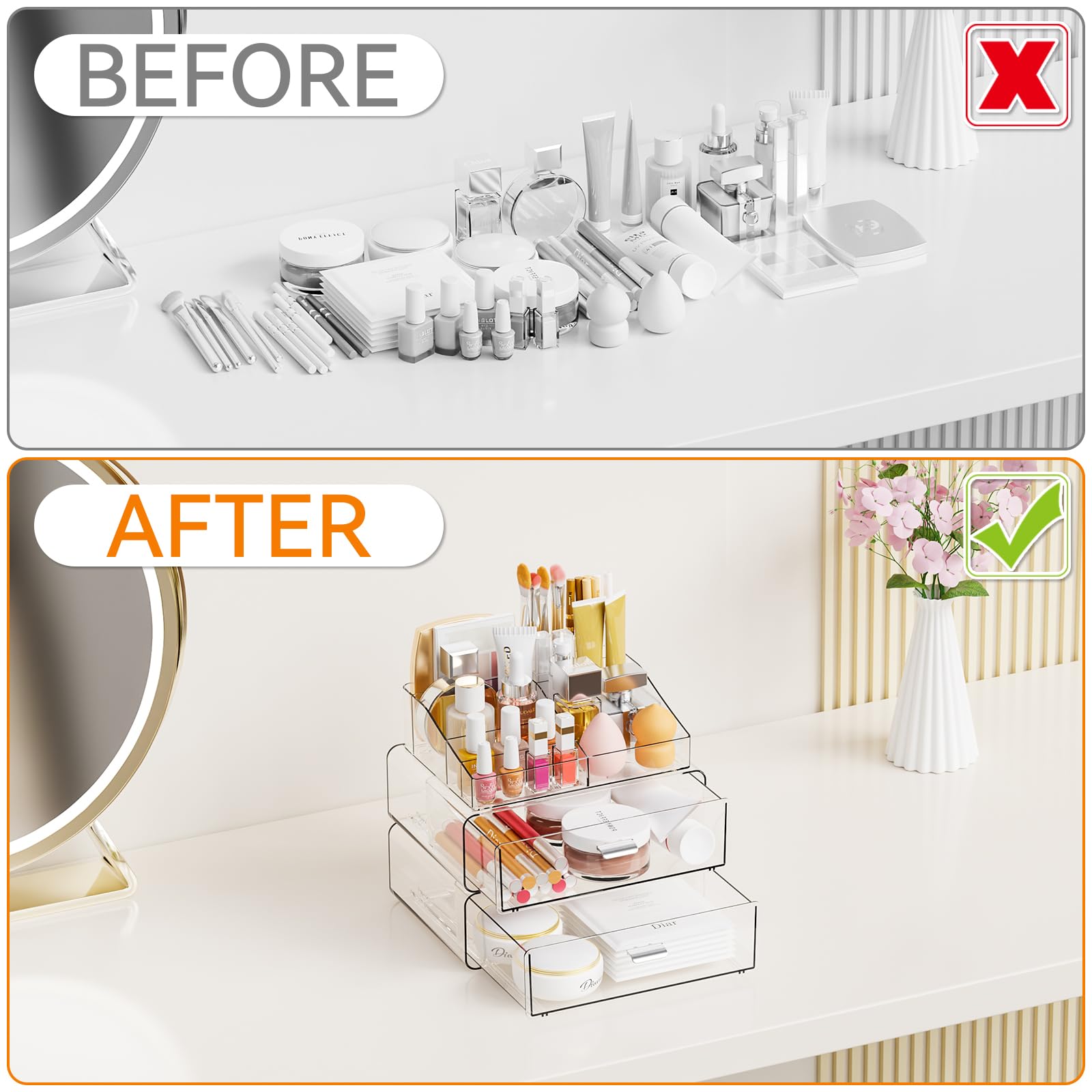 Yieach vanity-ready clear organizer anchors cosmetics on any surface for neat display.