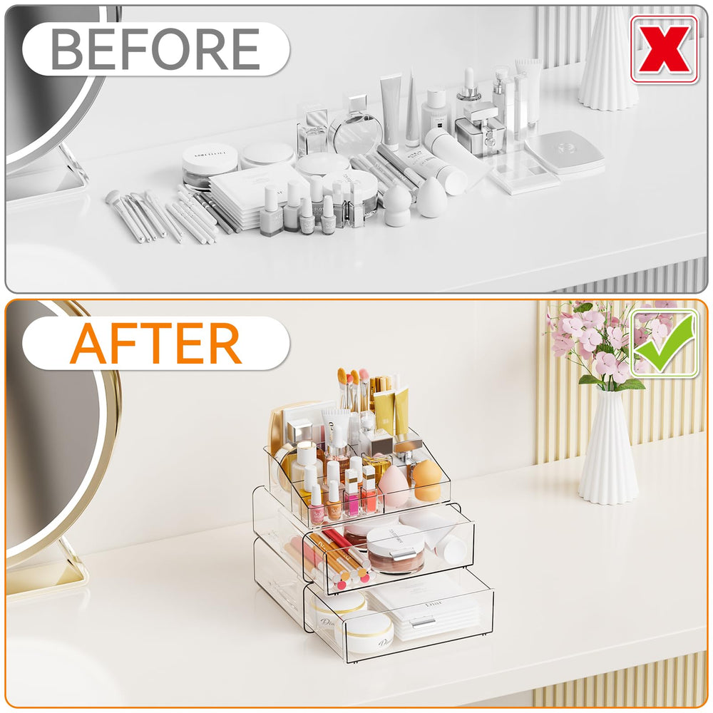 Yieach vanity-ready clear organizer anchors cosmetics on any surface for neat display.