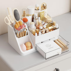 Yieach white makeup organizer front view showing sleek design for easy access