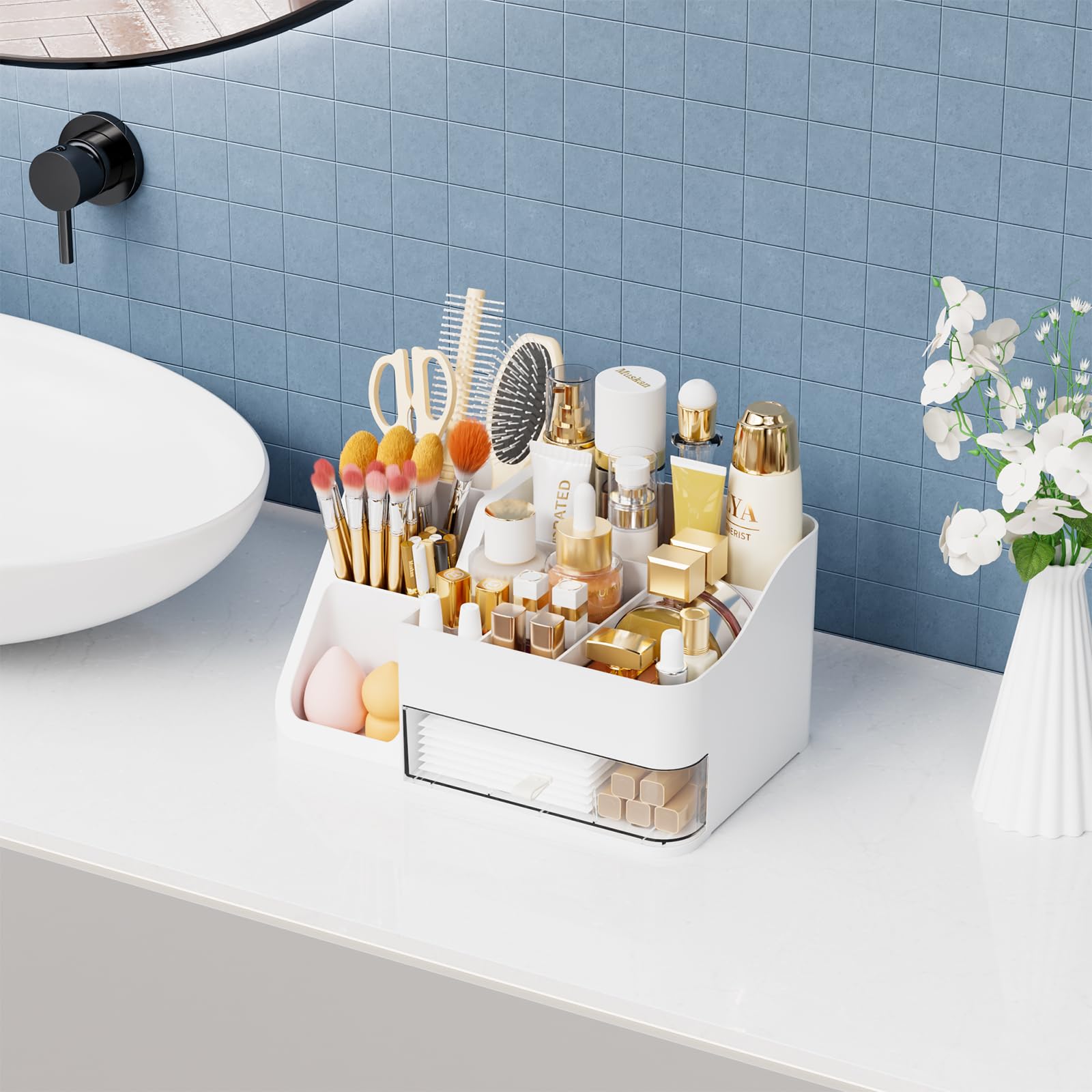 Yieach white makeup organizer demonstrates large storage capacity for 40+ items