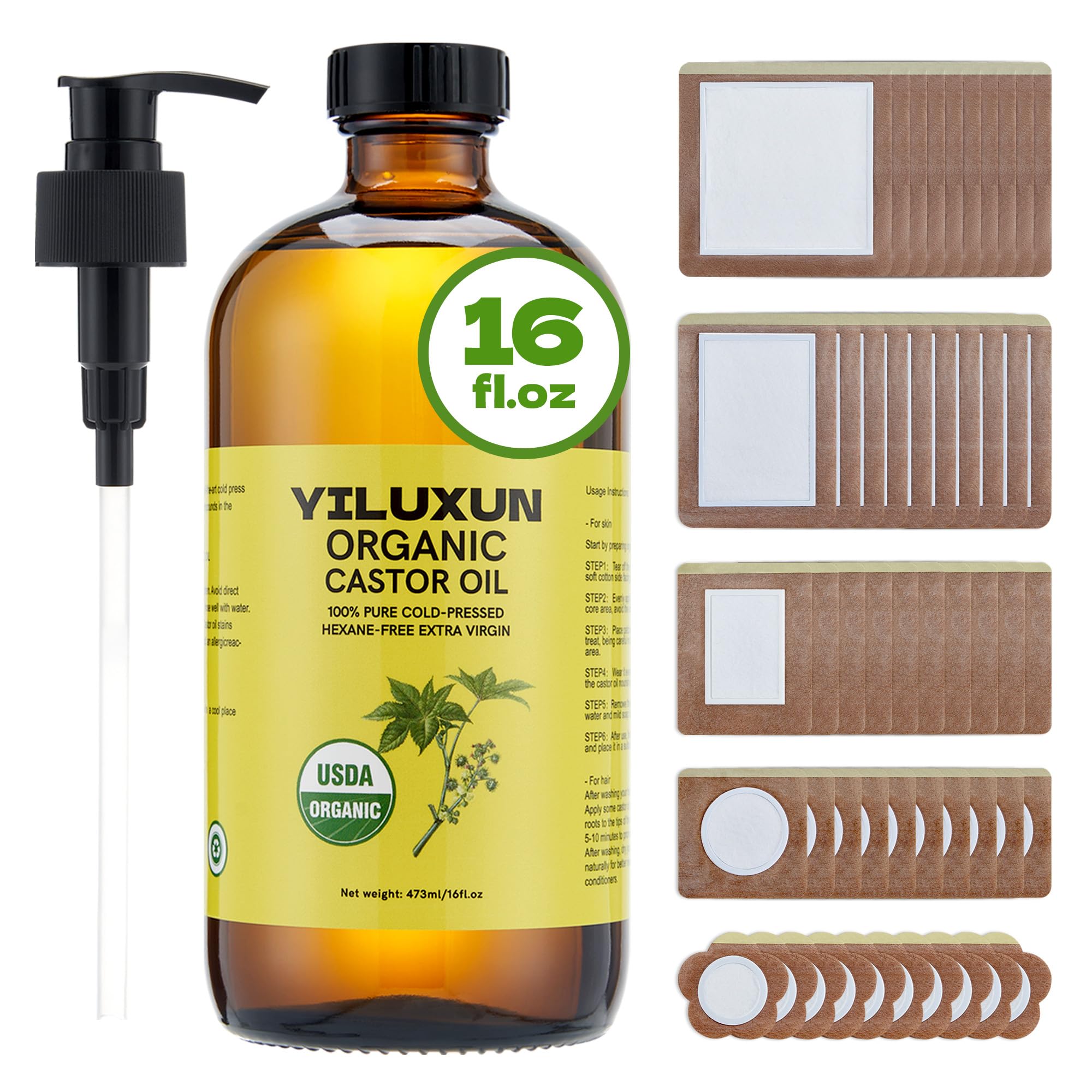 YILUXUN castor oil bottle 16oz, pure cold-pressed oil for skin hydration.
