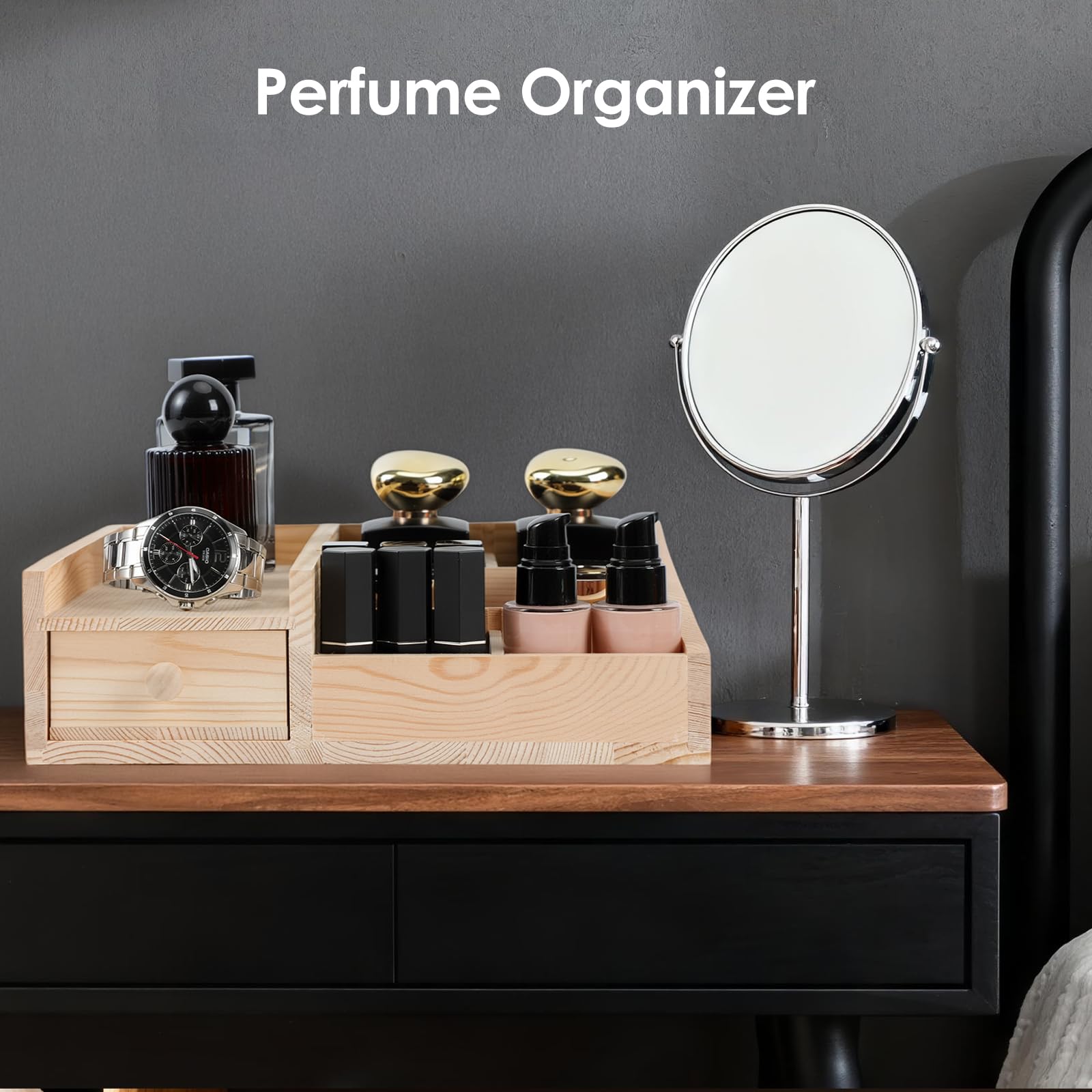 YIOJOYD clutter-free vanity presentation emphasizes reinforced construction resisting warping and tipping.