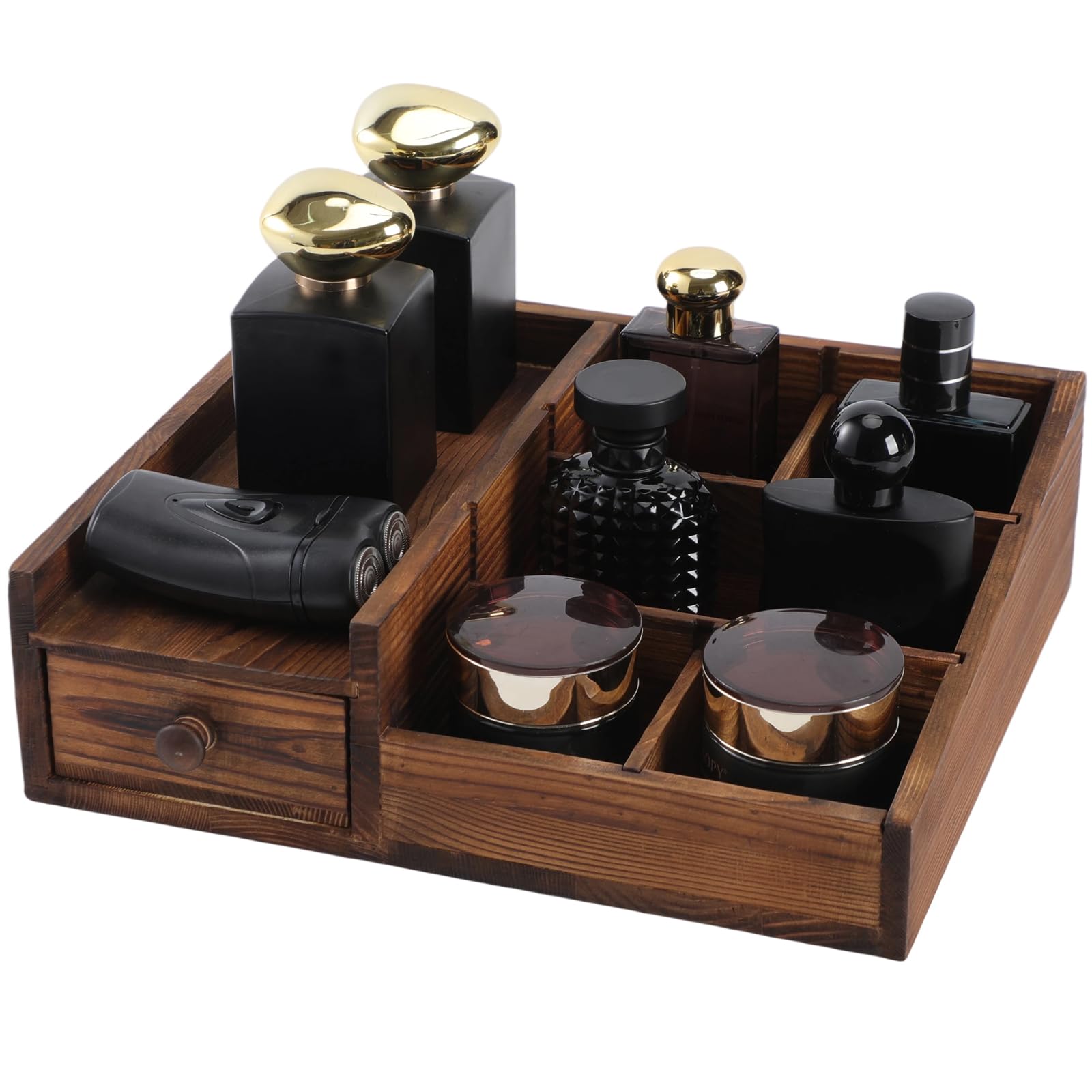 YIOJOYD Cologne organizer wood stand neatly displays bottles on a vanity.