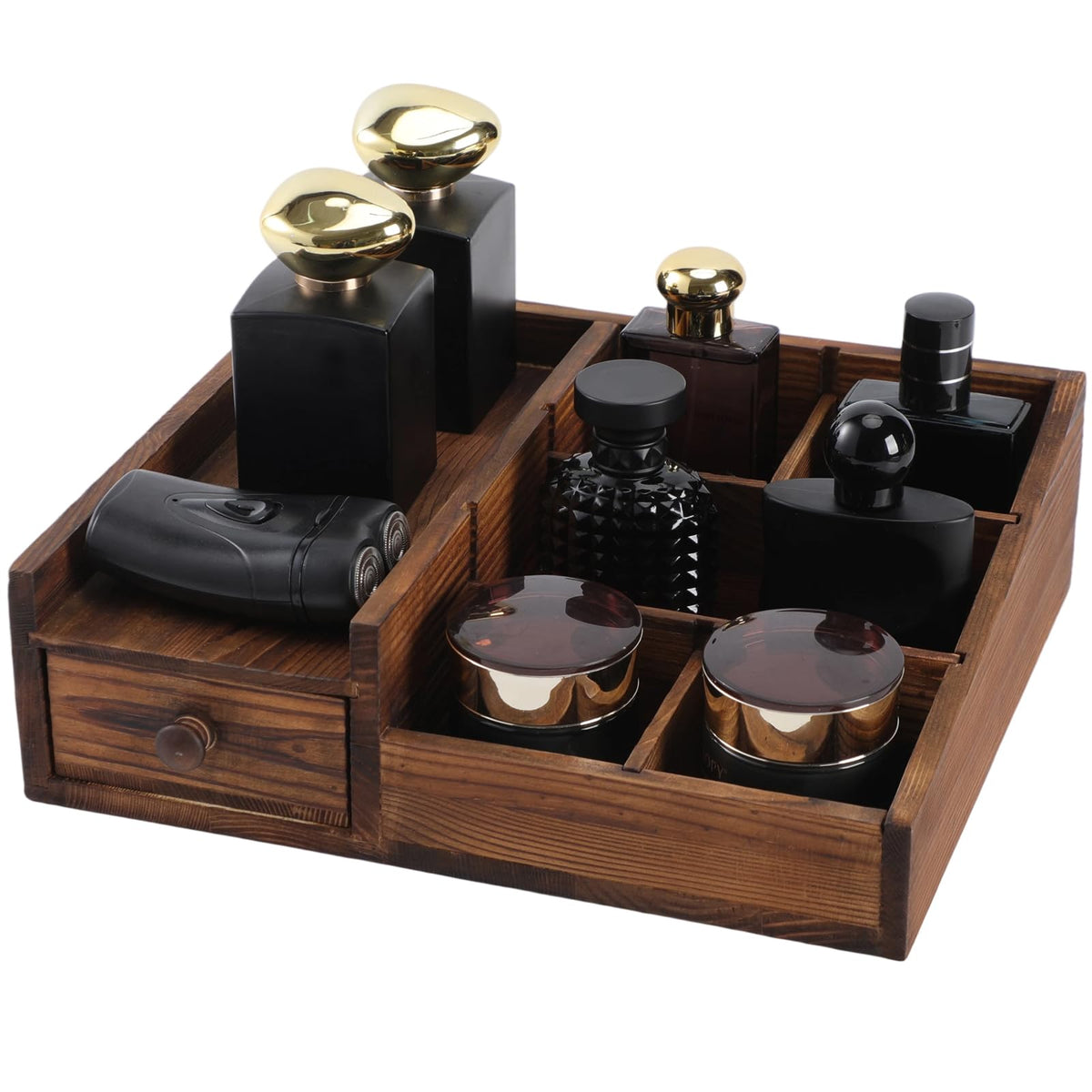 YIOJOYD Cologne organizer wood stand neatly displays bottles on a vanity.