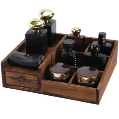 YIOJOYD Cologne organizer wood stand neatly displays bottles on a vanity.