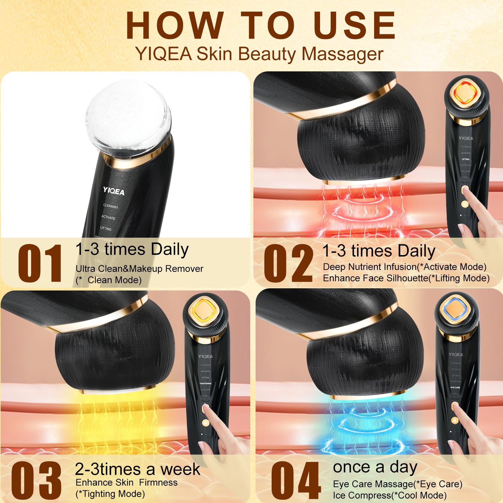 YIQEA facial massager 6-in-1 in use on neck for contouring and firming.