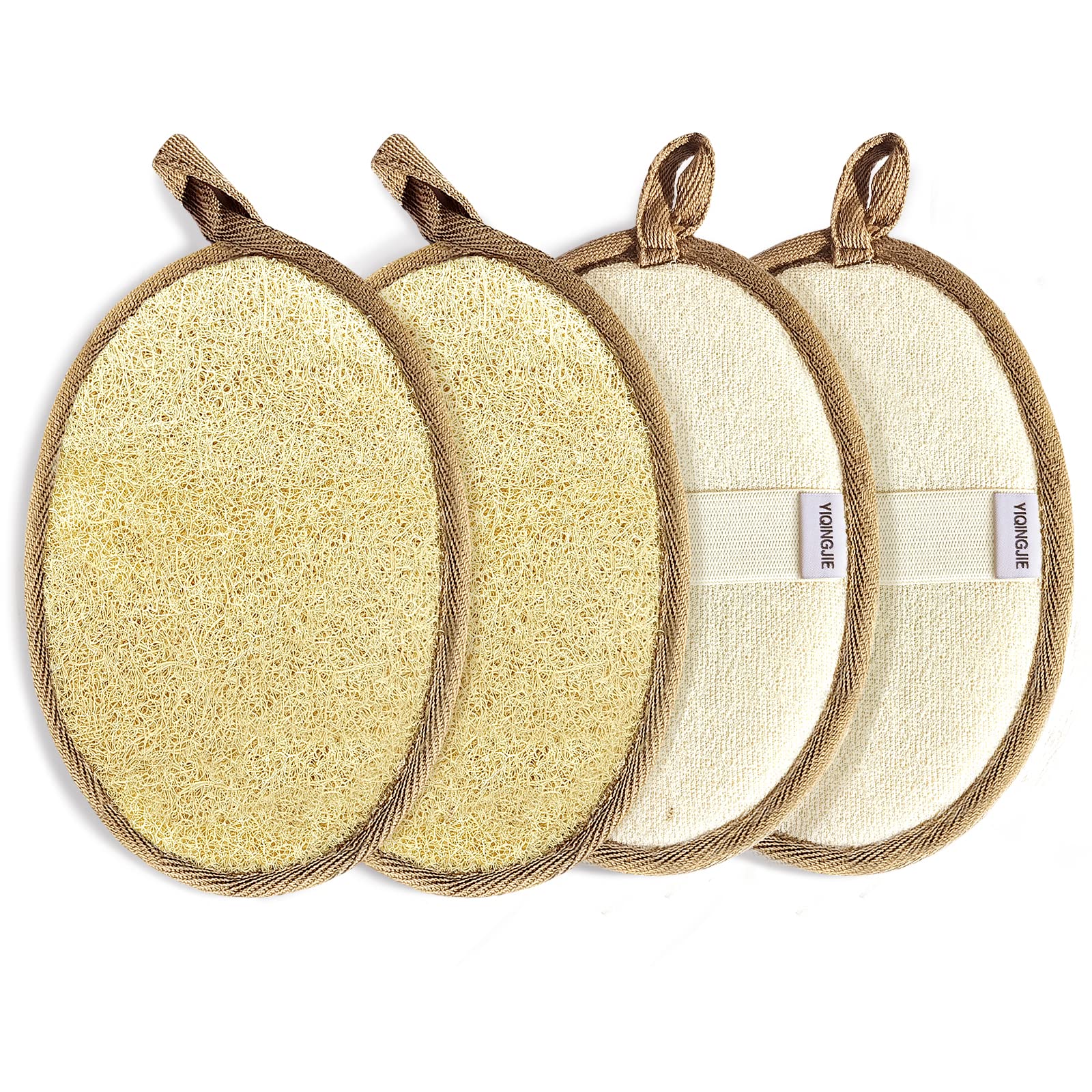 YIQINGJIE loofah sponge front view in brown for gentle exfoliation during showers