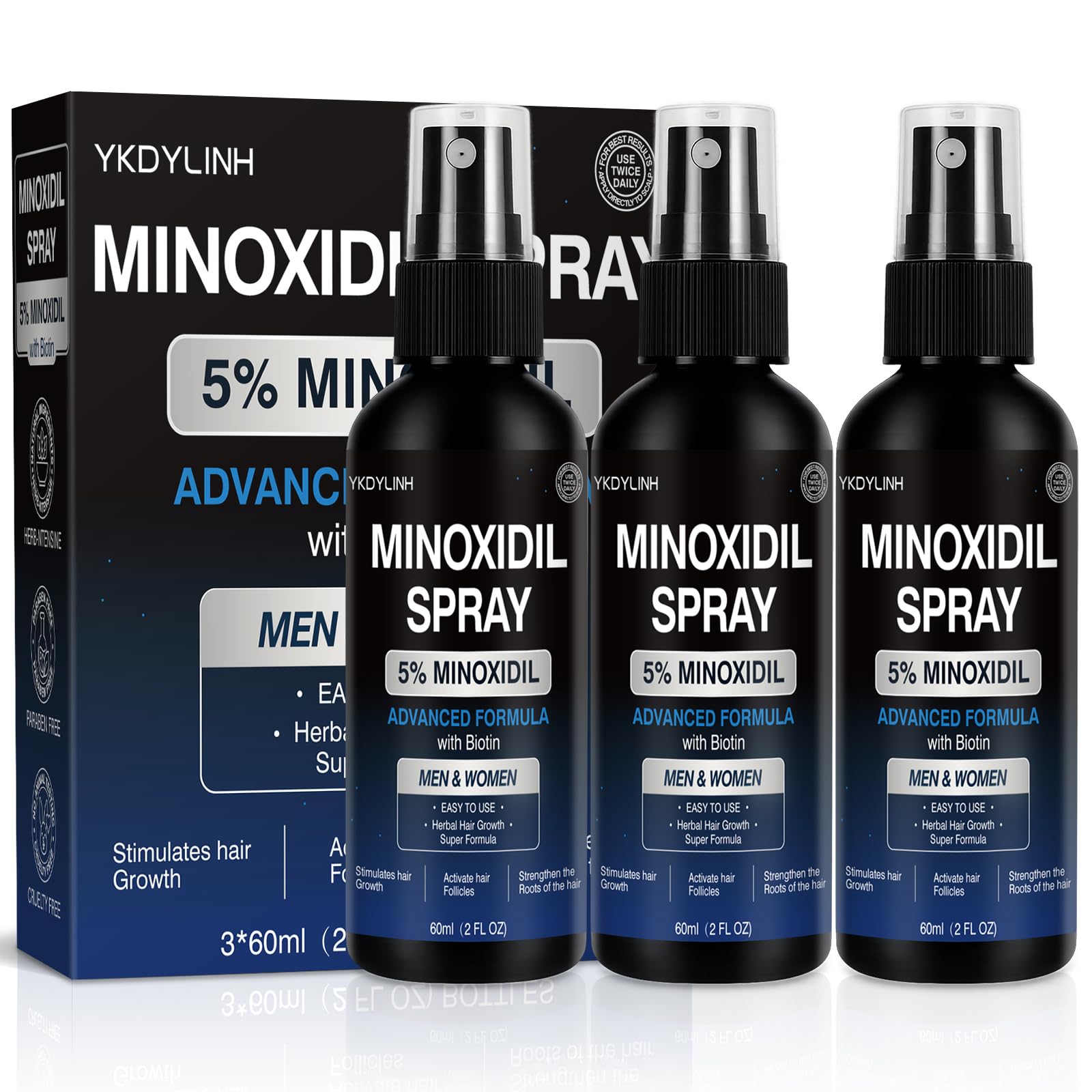 YKDYLINH 5% Minoxidil spray bottle ready for scalp application aiding thinning areas