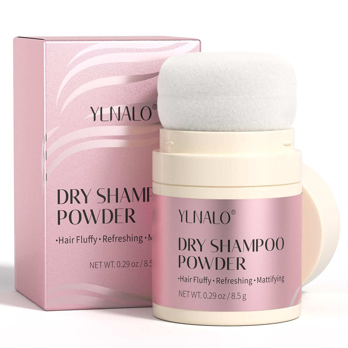 YLNALO dry shampoo powder bottle closeup for on-the-go freshness and oil absorption