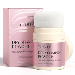 YLNALO dry shampoo powder bottle closeup for on-the-go freshness and oil absorption
