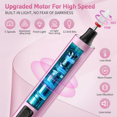 YLYYCC cordless nail drill with 12 bits enables versatile shaping.