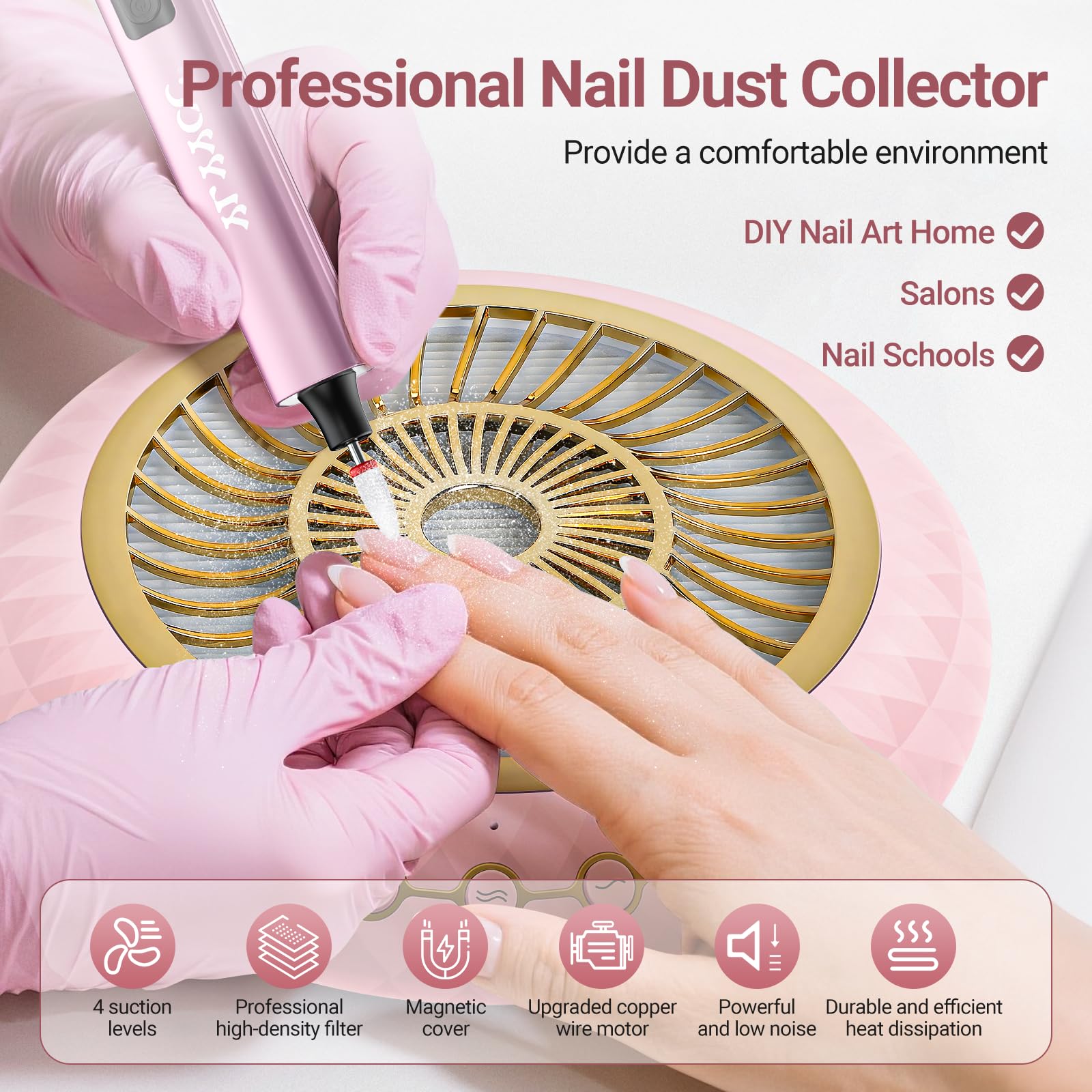 YLYYCC Nail Dust Collector on desk demonstrates portable design for home or salon use.