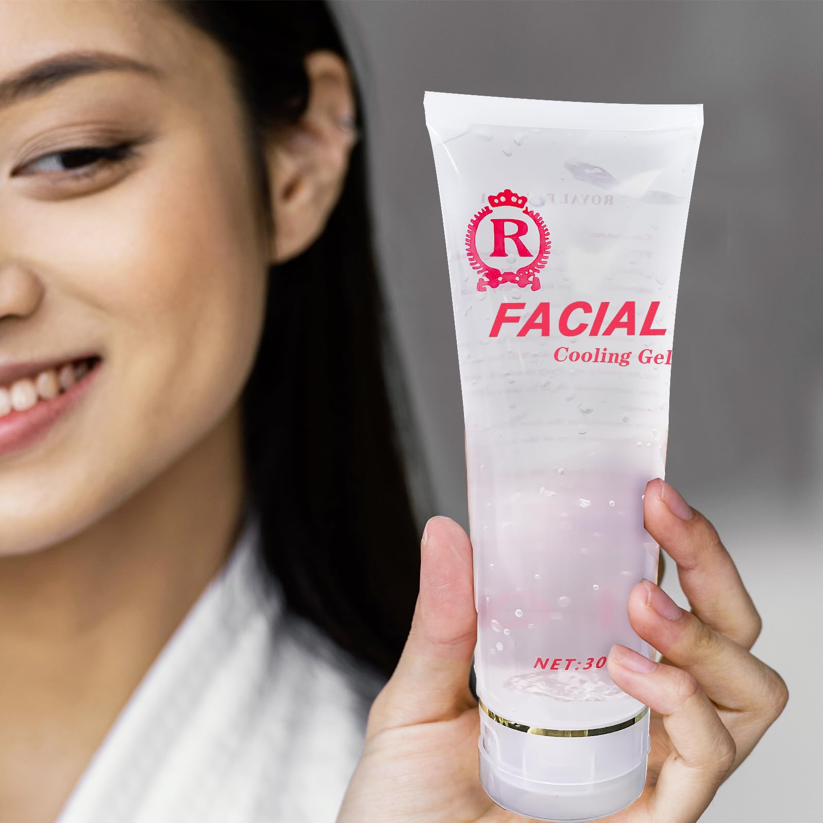 YMEYFAN conductive gel used with facial device on the face.