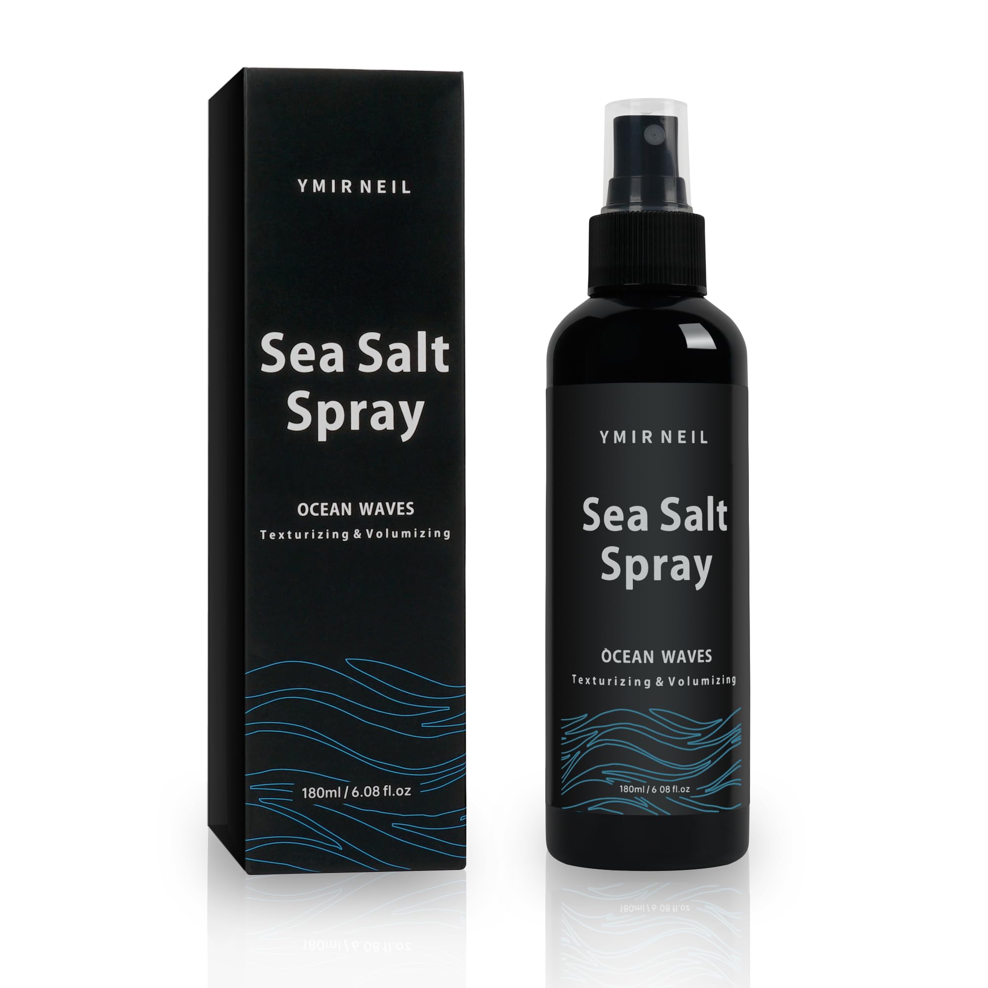 YMIR NEIL natural sea salt spray bottle front promotes beach-ready texture and volume.