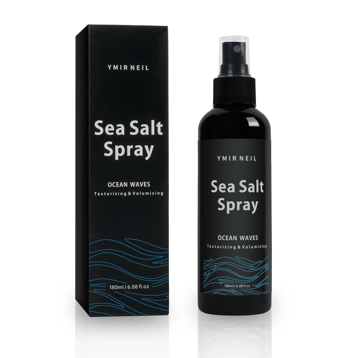 YMIR NEIL natural sea salt spray bottle front promotes beach-ready texture and volume.