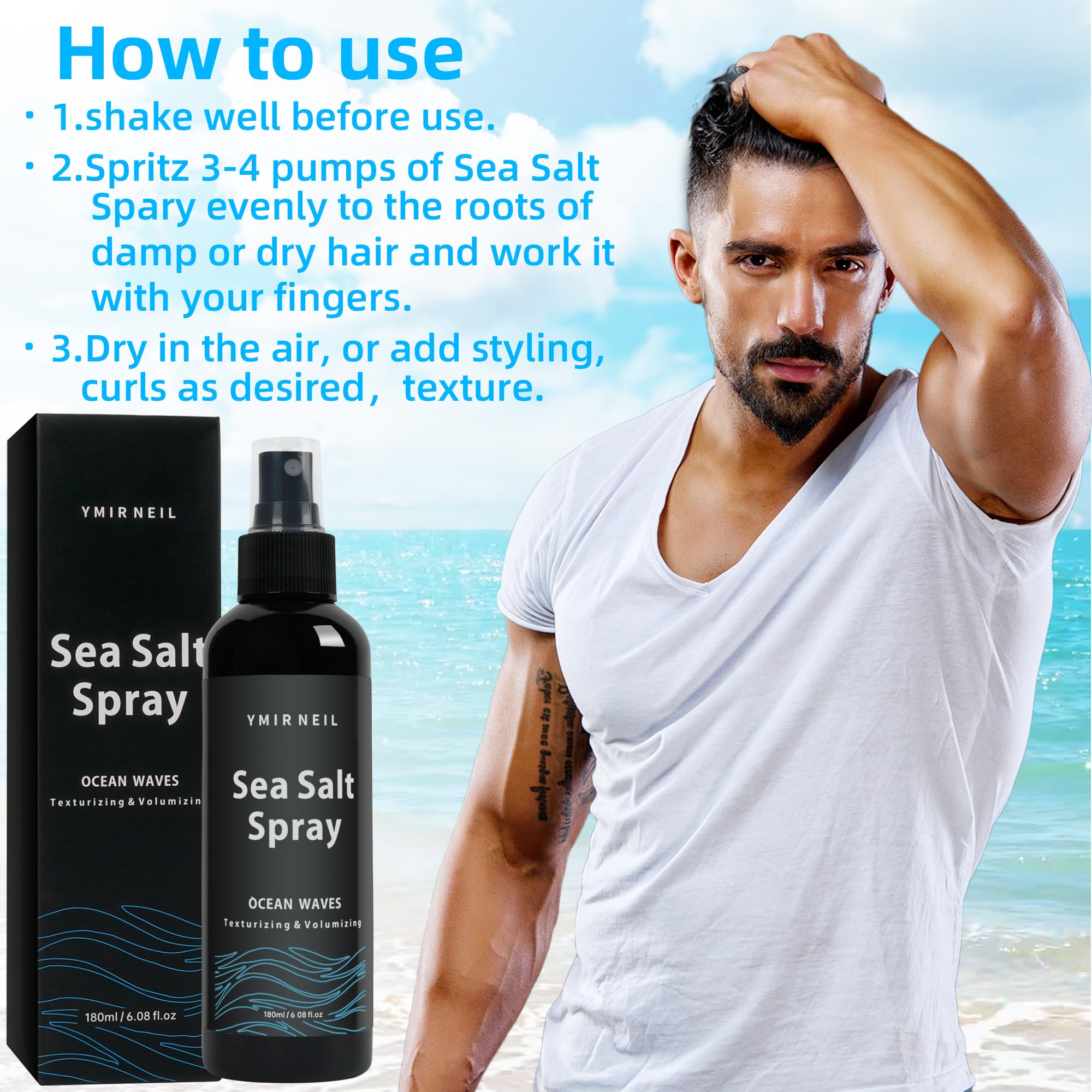 YMIR NEIL sea salt spray close-up highlights mineral-rich formula for hydrated texture.