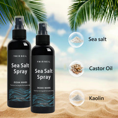 YMIR NEIL sea salt spray hands-on use for quick beachy styling.