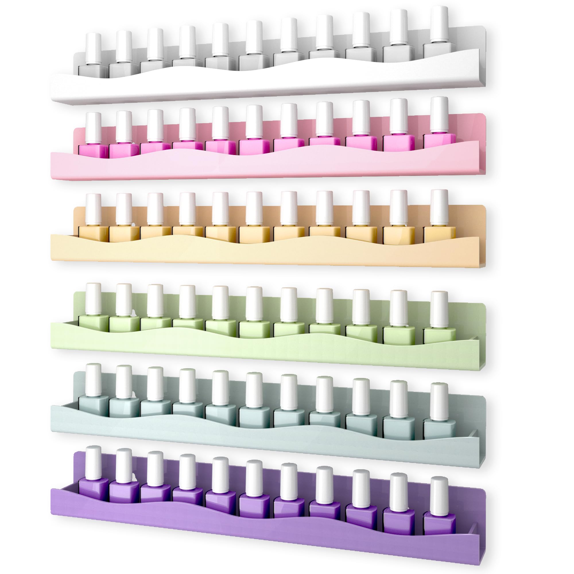 YMVV 6-color wall-mounted shelf displaying pastel polishes for organized color selection