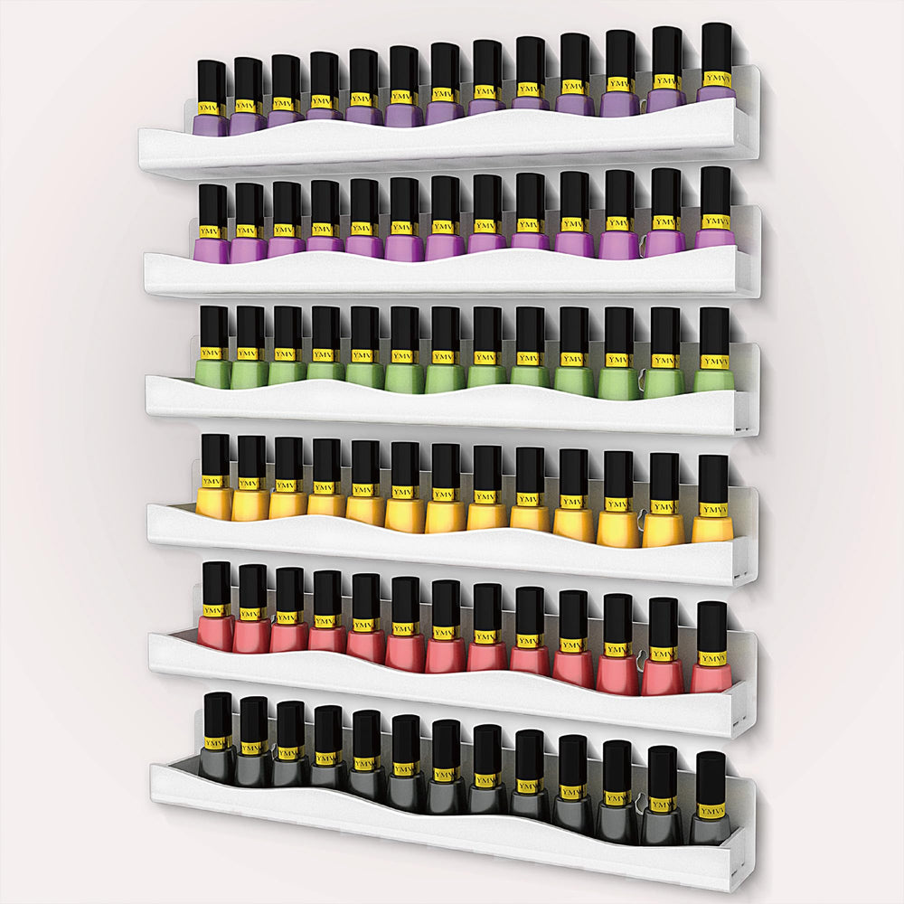 YMVV nail polish rack displays colors neatly on a 15-inch white wall-mounted shelf