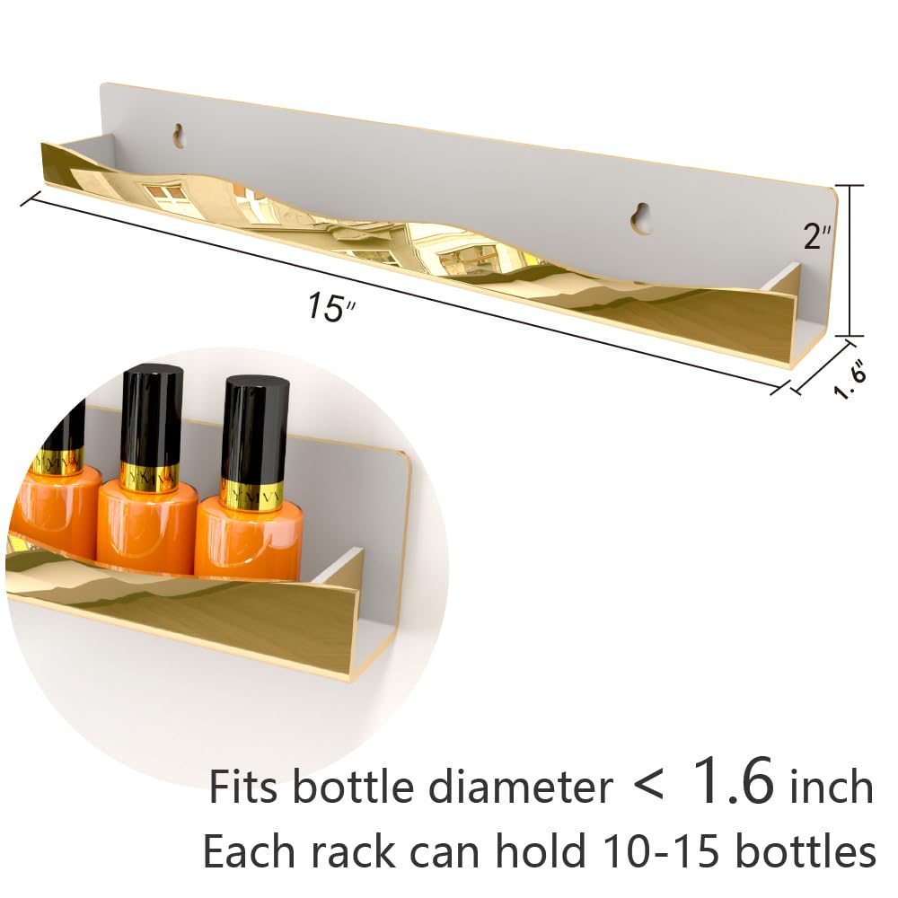 YMVV nail polish shelf on wall showcases bottles neatly, saving counter space.