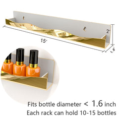 YMVV nail polish shelf on wall showcases bottles neatly, saving counter space.