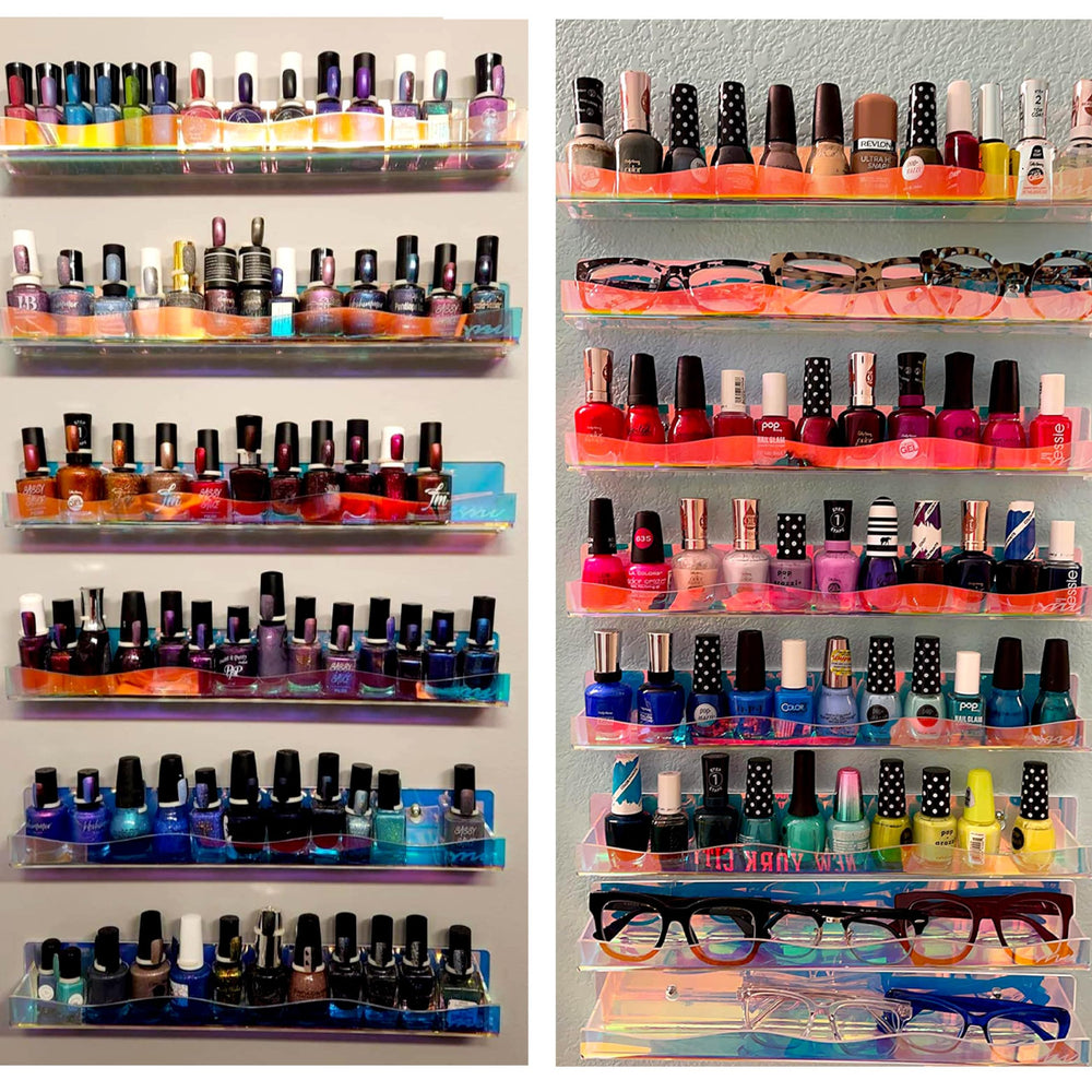 YMVV removable-stoppers-to-secure-bottles prevent slips and keep polishes securely on each shelf.