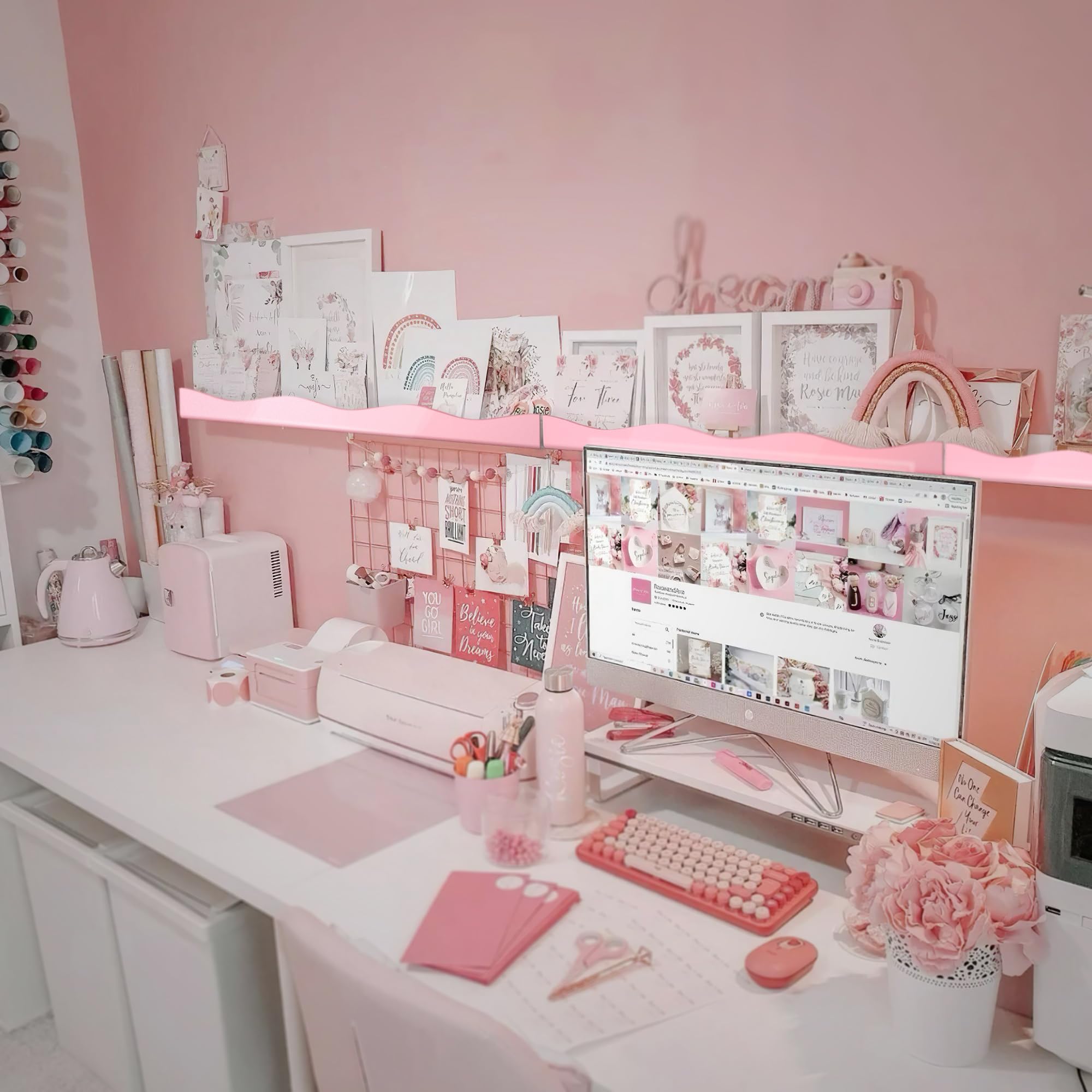 YMVV light pink display shelf brightens styling space.