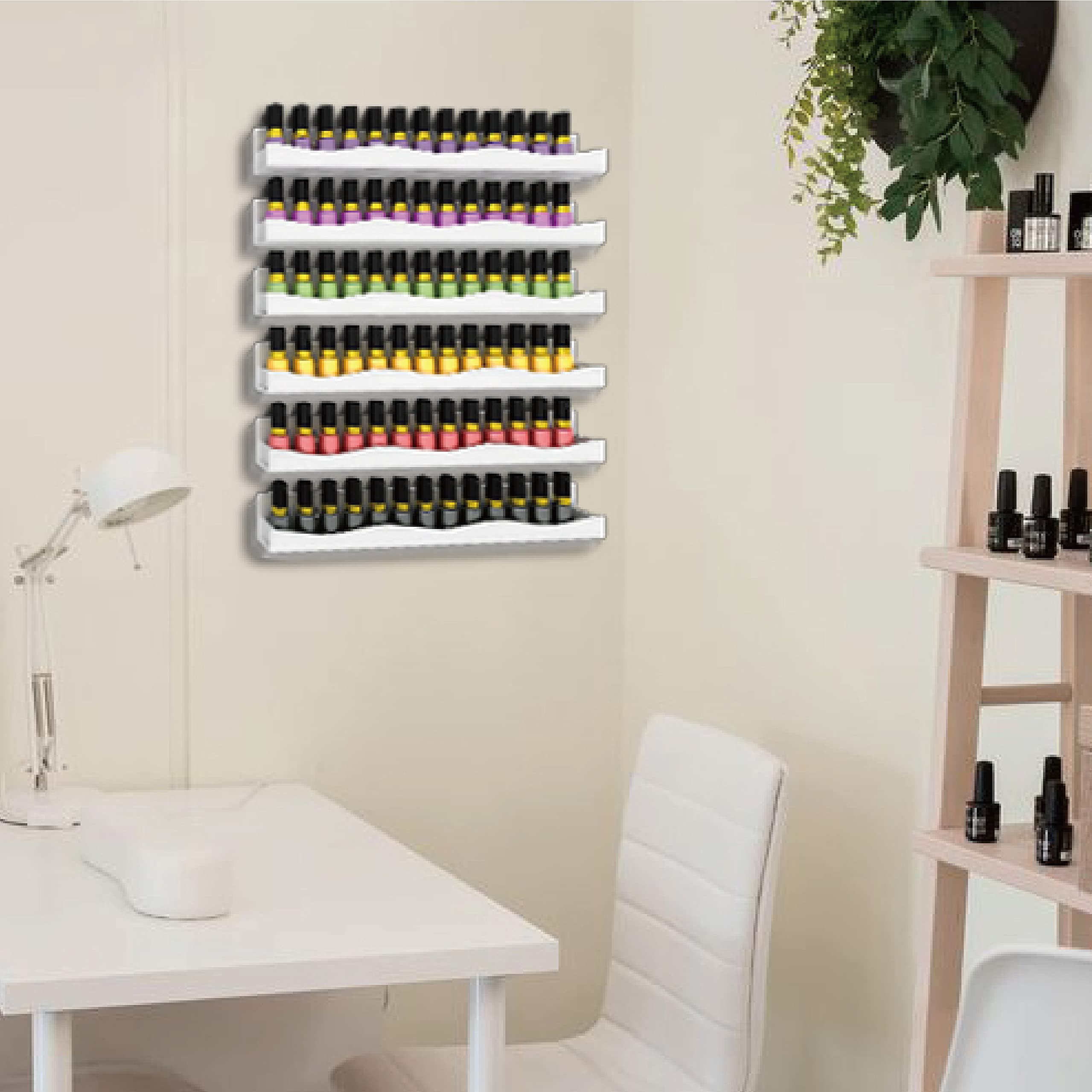 YMVV white acrylic nail-polish rack on desk for tidy vanity and quick access