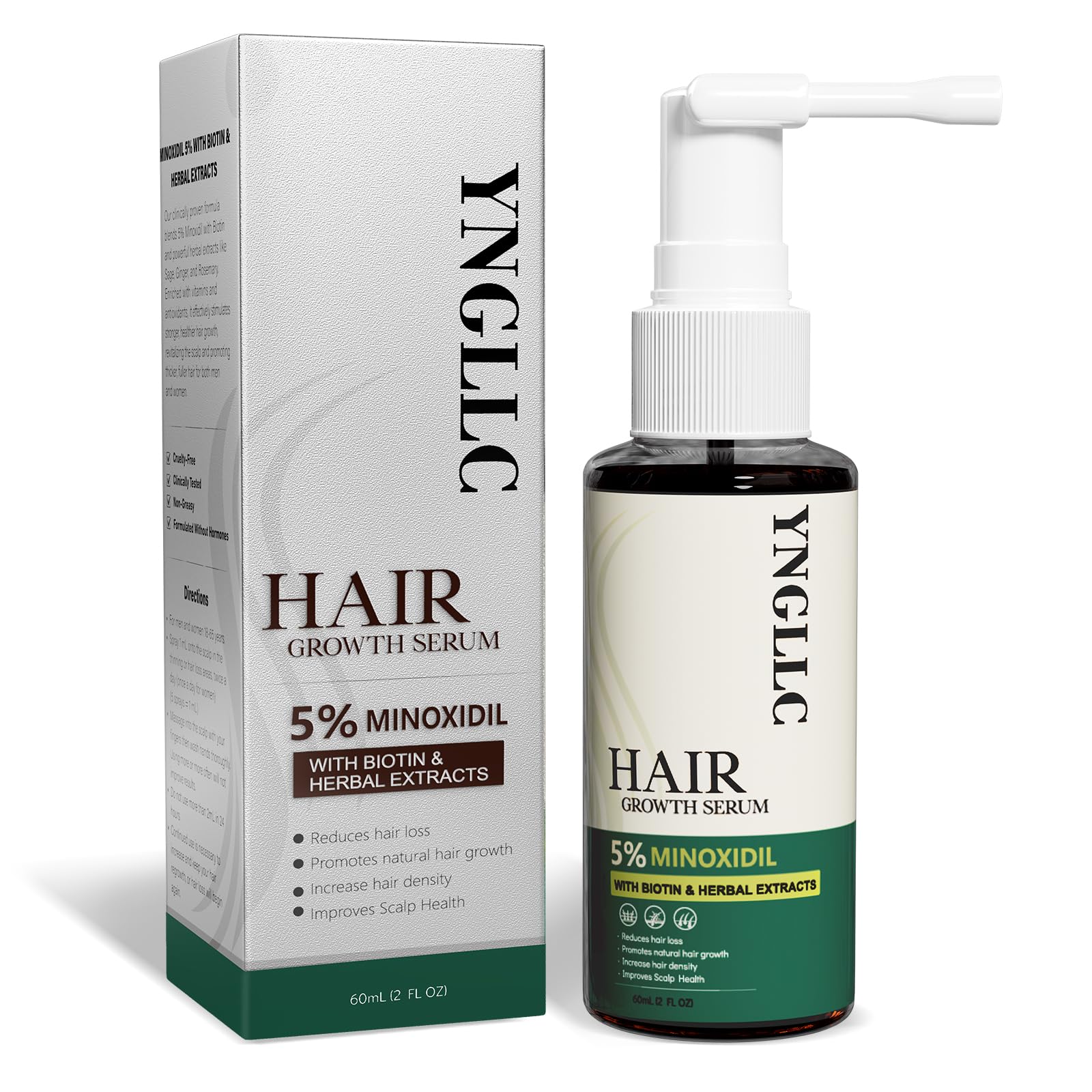 YNGLLC Minoxidil bottle with 5% solution for hair growth support.
