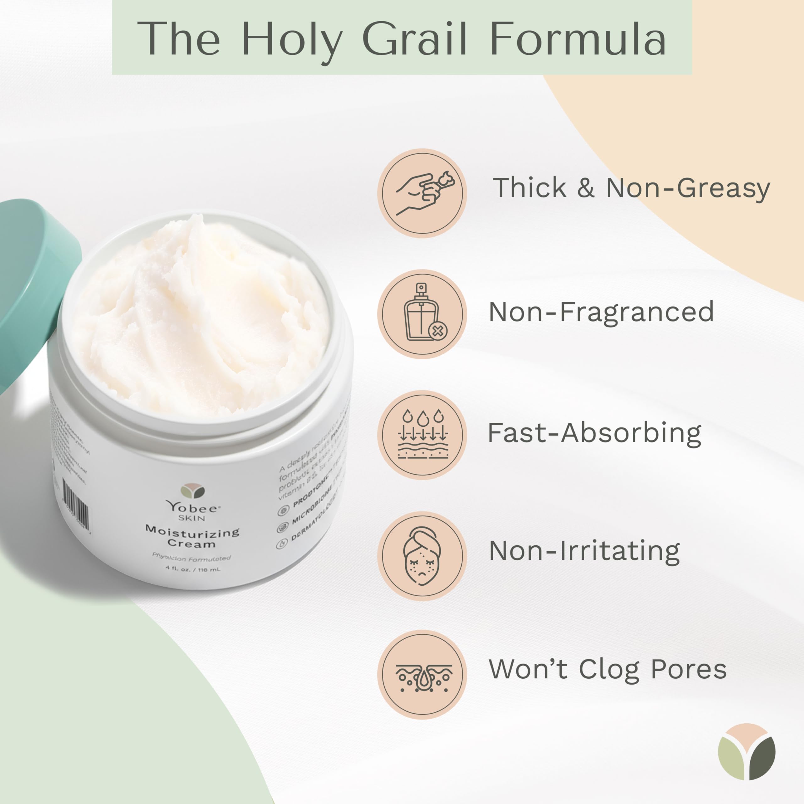 Cream texture close-up shows light, fast-absorbing moisture for face and body.