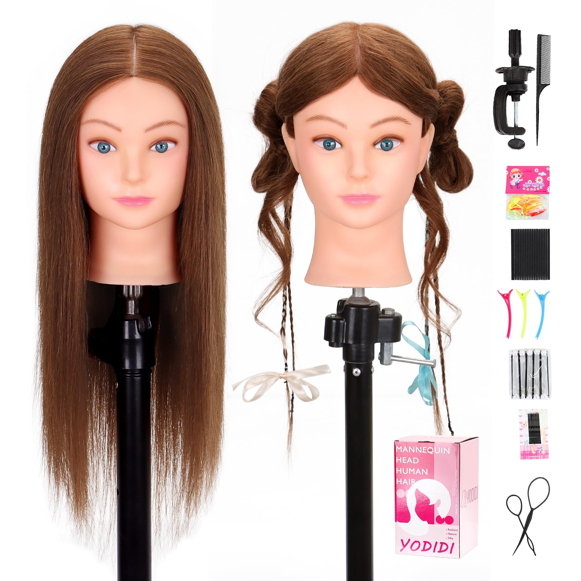 YODIDI mannequin head 22-24 inches real hair texture for lifelike styling practice.