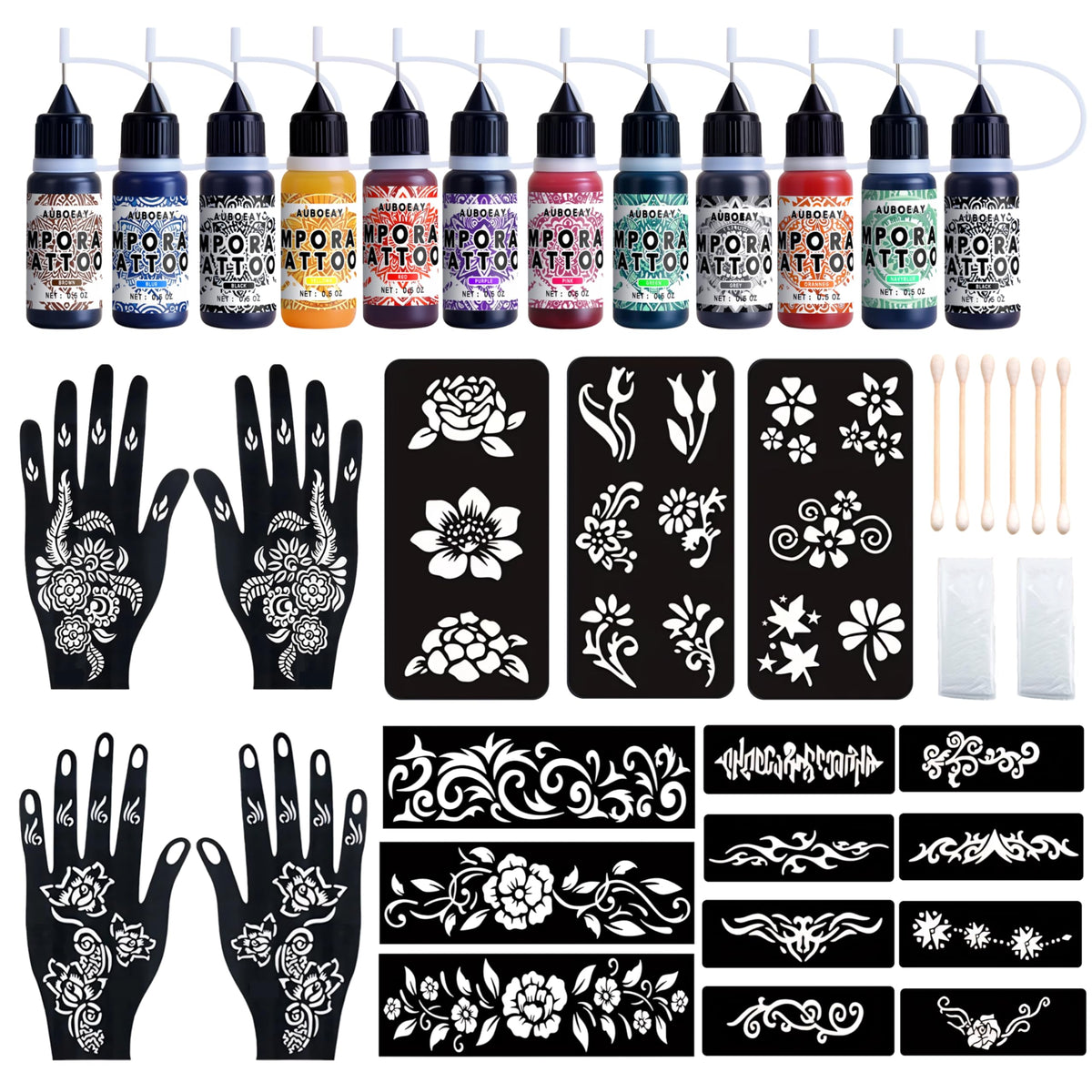 YOEALABY temporary tattoo ink bottles display with 12 vibrant colors for creative DIY designs