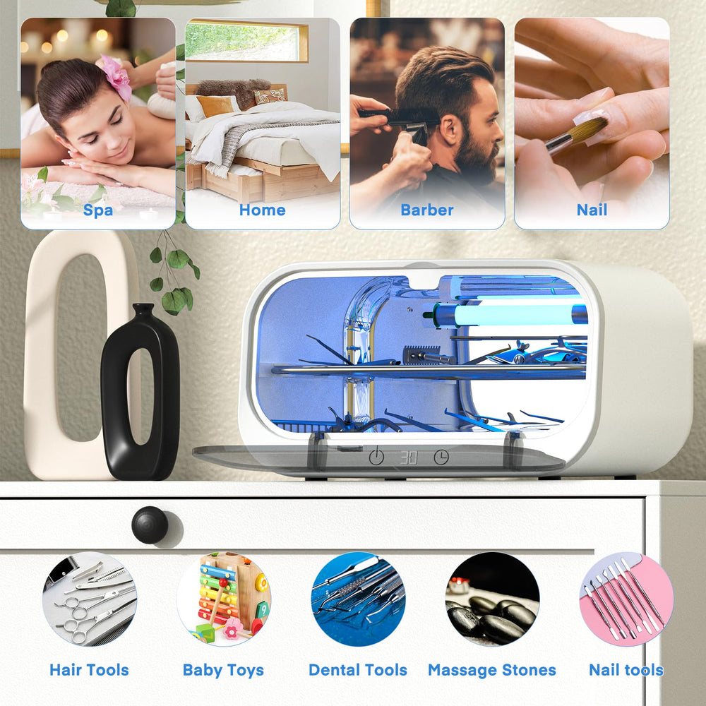 Yofuly sterilizer in spa setup conveys clean, professional tool readiness.