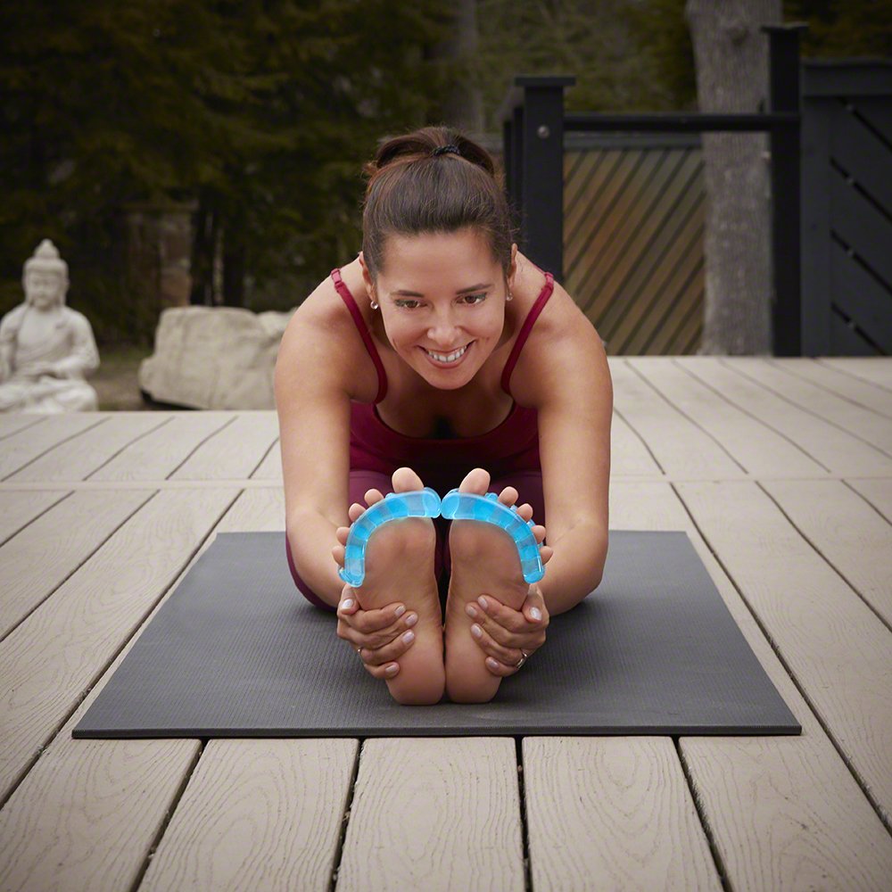 YogaToes Classic sapphire blue worn on foot during a routine stretch
