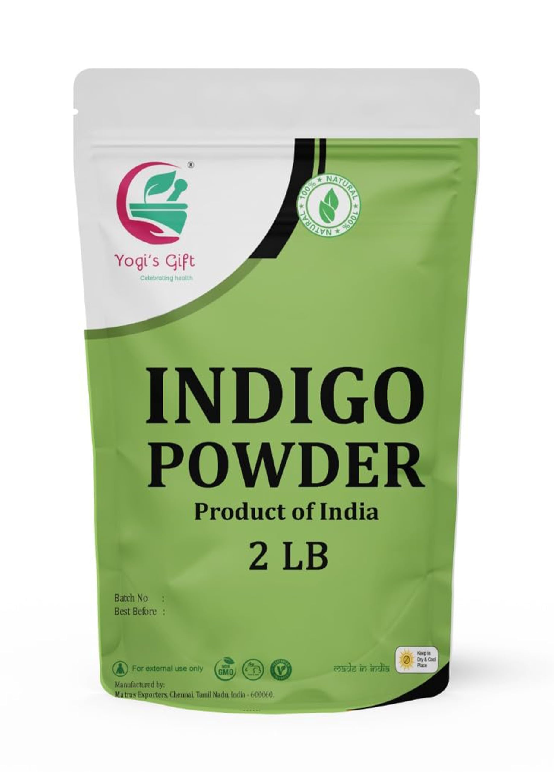 Yogi's Gift Indigo powder packaging—organic, chemical-free hair dye option.