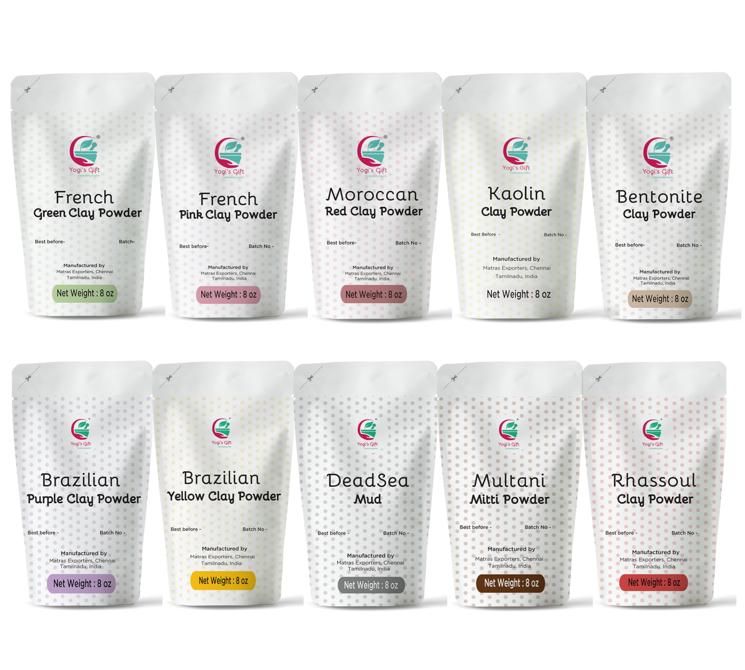 YOGI’S GIFT pack of 10 clays variety collection for DIY soaps and masks
