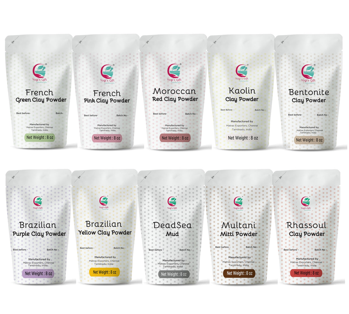 YOGI’S GIFT pack of 10 clays variety collection for DIY soaps and masks