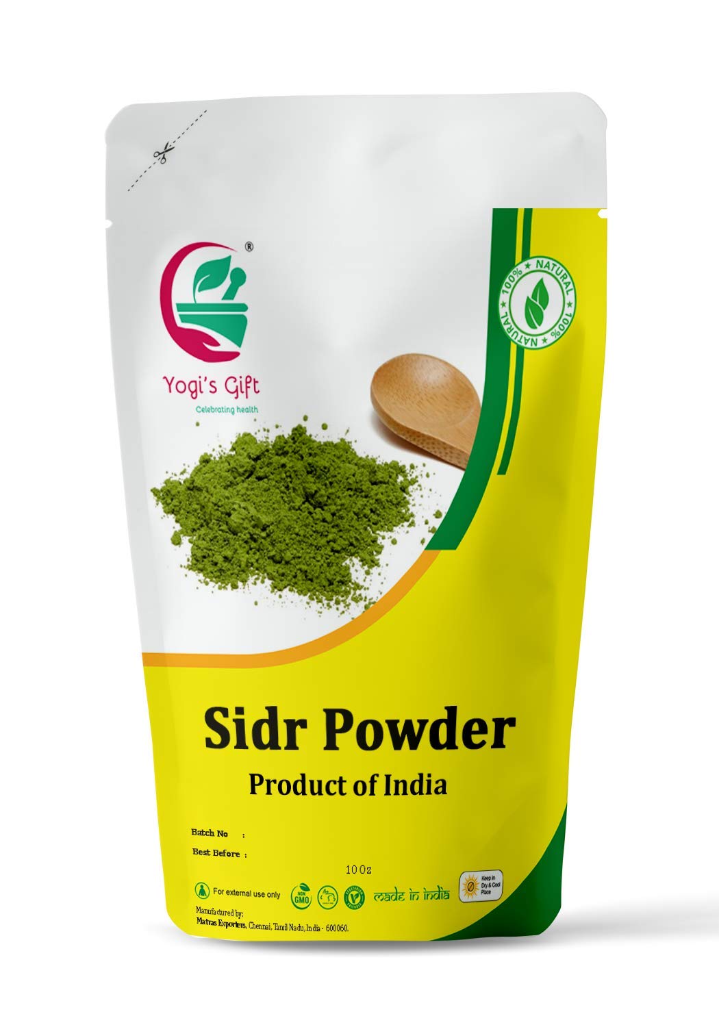 Yogi's Gift Sidr Leaf Powder packaging display for natural hair care benefits